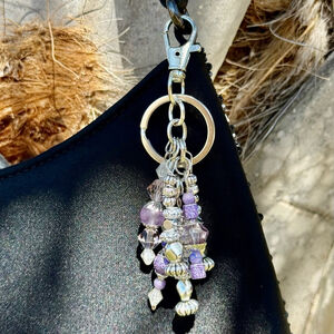 Purple and Silver Handmade Bag Charm Keychain | One of a Kind | Beaded Crystal
